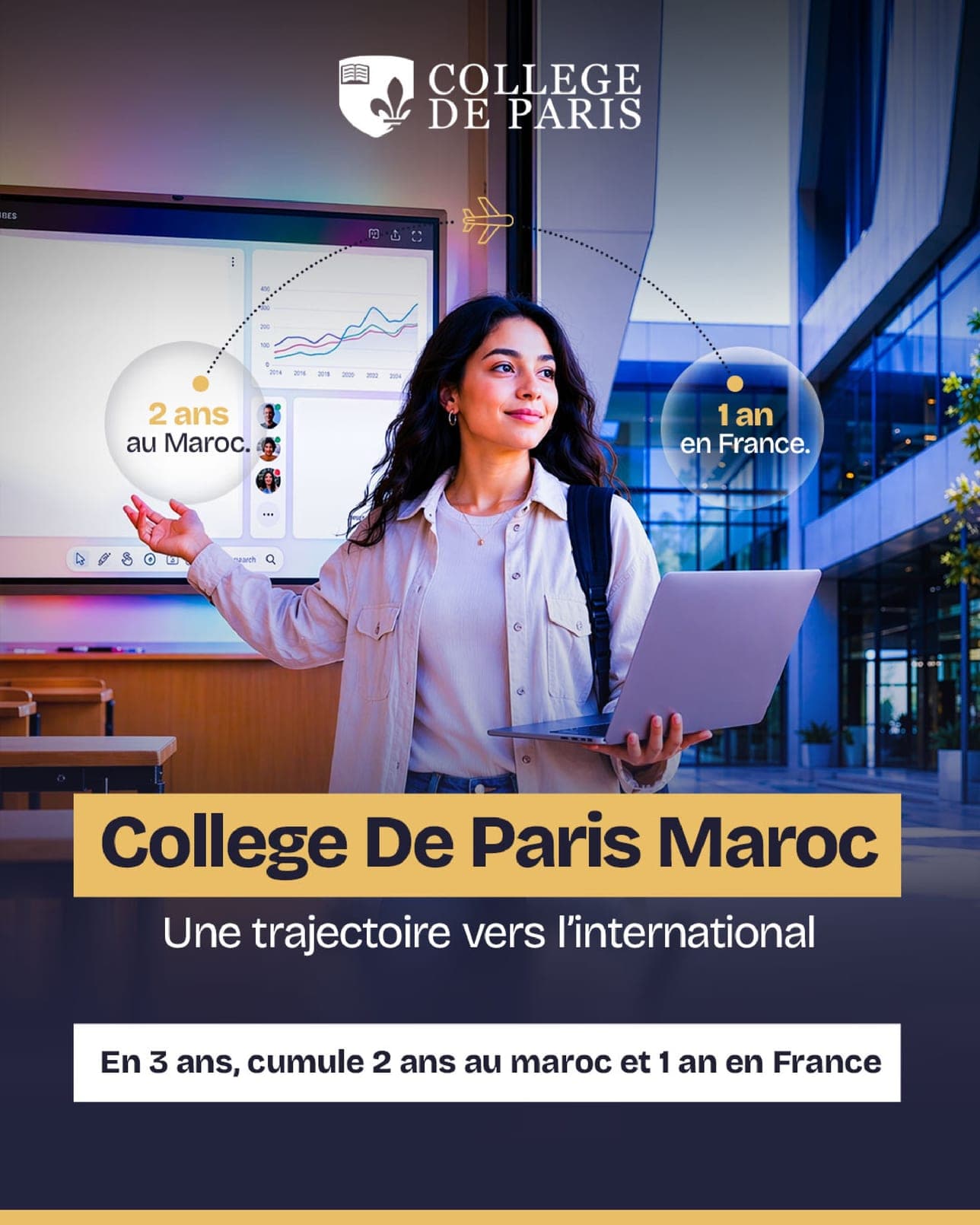 Affiche College de Paris Maroc : une étudiante, ordinateur en main, et le cursus « 2 ans au Maroc, 1 an en France »