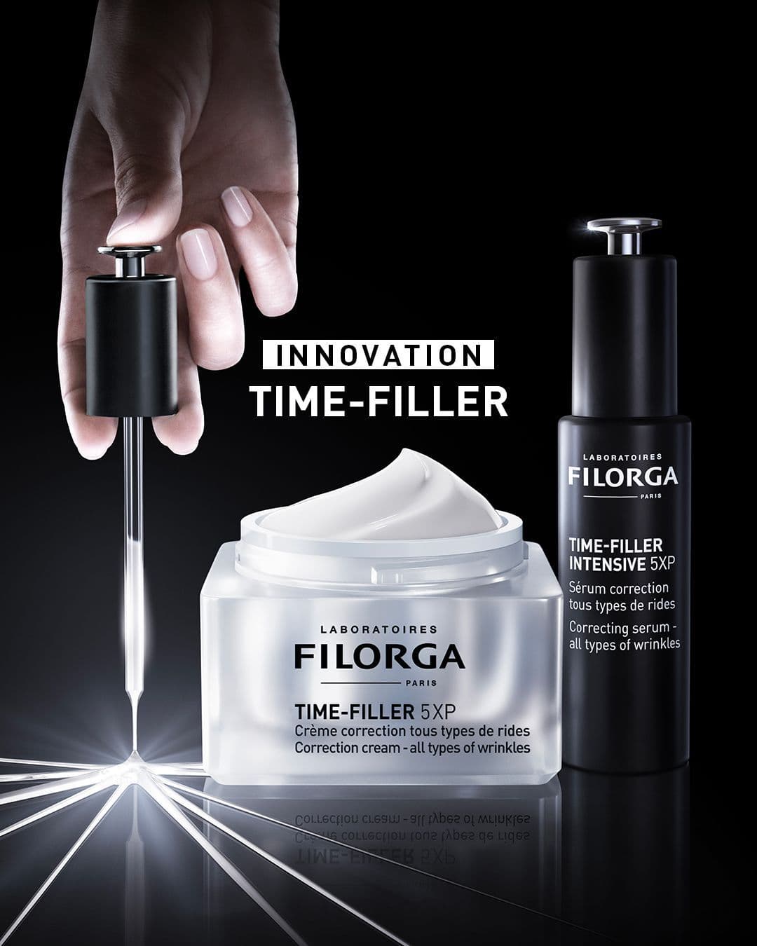 Visuel produit Filorga : crème et sérum Time-Filler sur fond noir, sous un faisceau de lumière