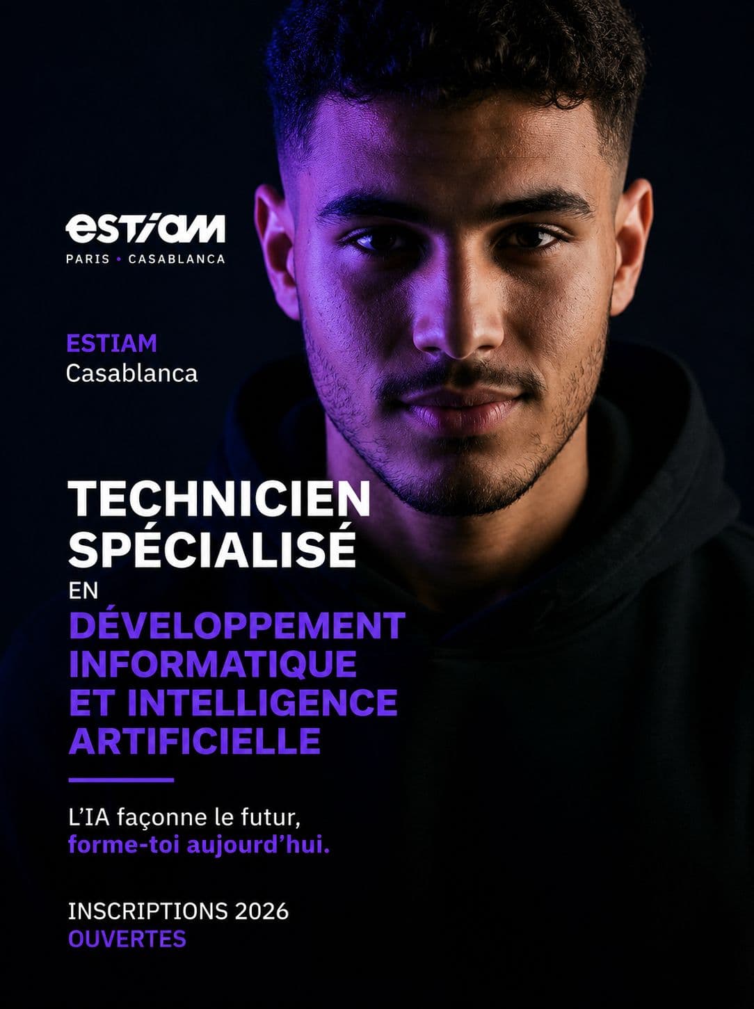 Affiche ESTIAM Casablanca : portrait d'un étudiant en lumière violette, formation développement informatique et intelligence artificielle