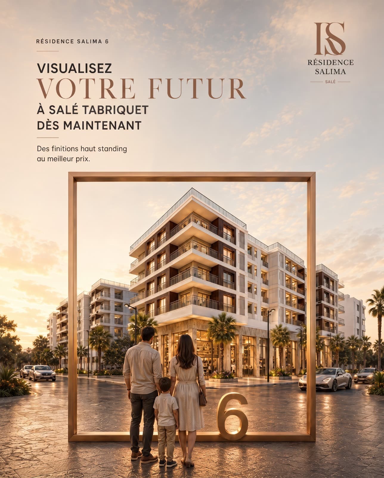 Affiche Résidence Salima 6 : une famille face à l'immeuble, encadré par un chiffre 6 doré